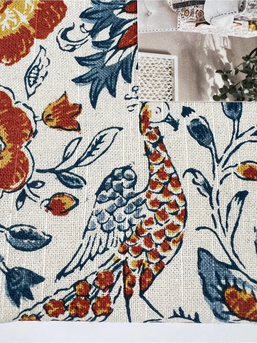 Rachel Zoe FALL Tablecloth 6 Napkins Blue Orange Cream Floral Birds 60 x 120 NEW